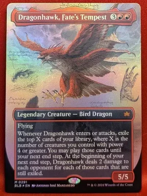 FOIL Dragonhawk, Fate's Tempest (Borderless) from Bloomburrow Magic the Gathering Proxy
