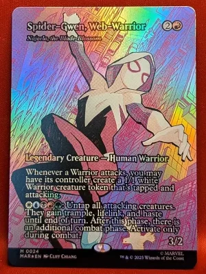 FOIL Spider-Gwen, Web-Warrior (Najeela, the Blade-Blossom) (Borderless) from Marvel Universe Eternal-Legal Magic the Gathering Proxy