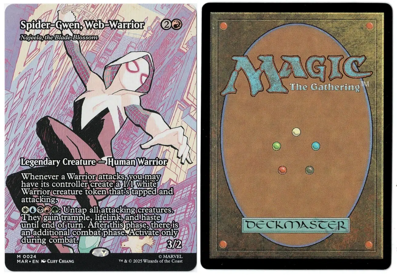 Spider-Gwen, Web-Warrior (Najeela, the Blade-Blossom) (Borderless) from Marvel Universe Eternal-Legal Magic the Gathering Proxy
