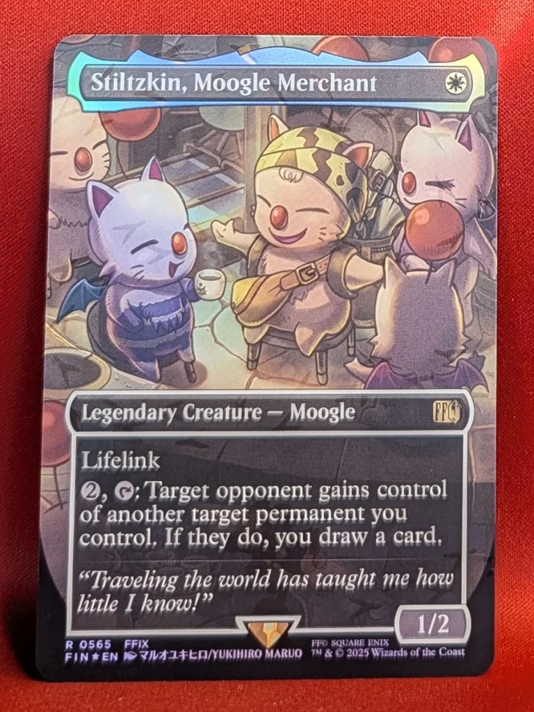 CHOCOBO TRACK FOIL Stiltzkin, Moogle Merchant (Borderless) from FINAL FANTASY Magic the Gathering Proxy