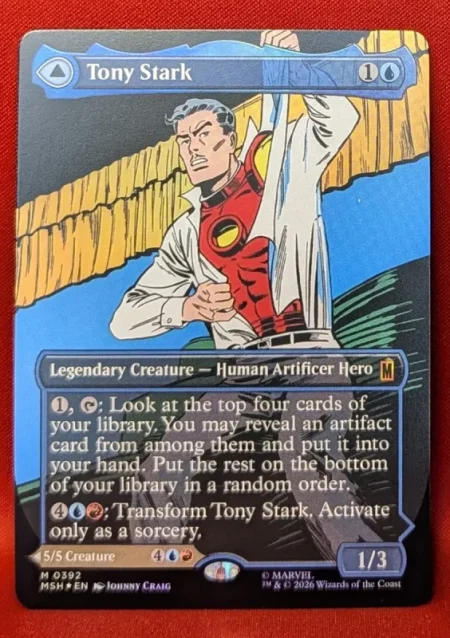 FOIL Tony Stark (Borderless) (0392) from Marvel Super Heroes Magic the Gathering Proxy