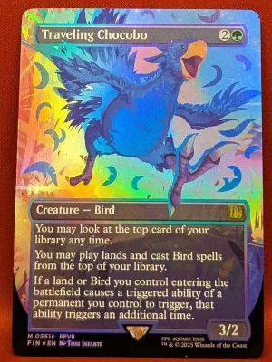 FOIL Traveling Chocobo (Borderless) (Neon Ink Blue 551c) from FINAL FANTASY Magic the Gathering Proxy
