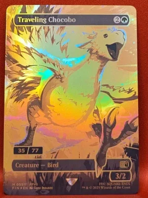 FOIL Traveling Chocobo (Borderless) (Serial Numbered 35/77) from FINAL FANTASY Magic the Gathering Proxy